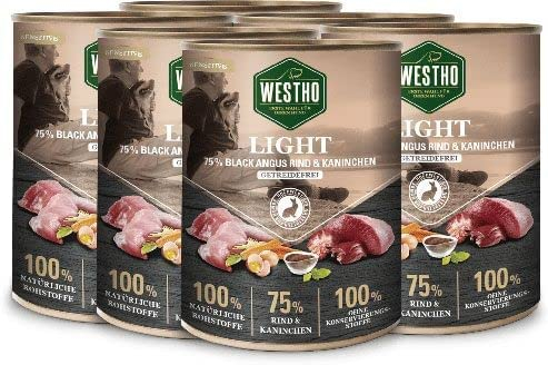 WESTHO Nassfutter Light | 75% Black Angus Rind & Kaninchen in Lebensmittelqualität | Getreidefrei | Für ältere und zu Übergewicht neigende Hunde (6 x 800 g)