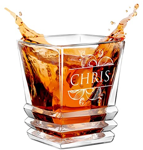 Maverton Engraved Whisky Glass for Man - Personalised Glassware for him - 280 ml Tumbler with Engraving - for Birthday - Ornamental Design - Geometric Tumbler for Brother - Name