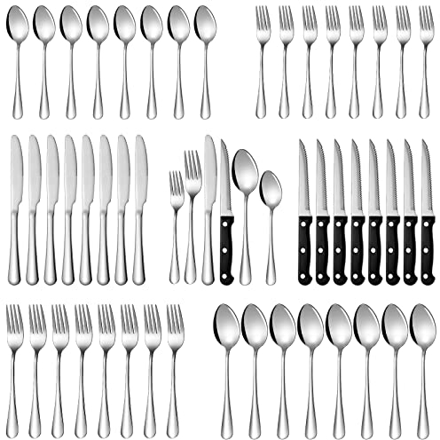 Soleebee Besteck Set für 8 Personen, 48-teiligs Edelstahl Besteck Spiegelpoliert mit Steakmesser Gabel Löffel, Spülmaschinenfest Besteck-Set für Zuhause, Hochzeit, Bankett