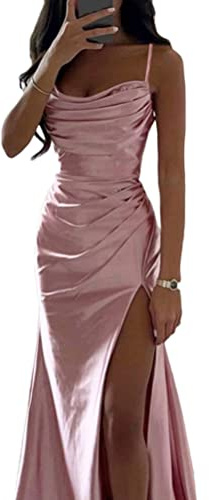ORANDESIGNE Robe de Soirée Longue Femme en Satin sans Manches Dos Nu Fendue Couleur Unie élégante Robe Maxi Bretelles Spaghetti Fendue Bal Mariage Cocktail Party Dress A Rose XS