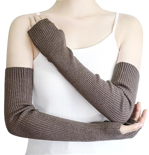 YATANAM Wool Blended Wrist Warmers Warm Fingerless Gloves Knit Soft Arm Warmers Sleeves Typing Mittens for Women (19.7''/50cm, A-dark camel)