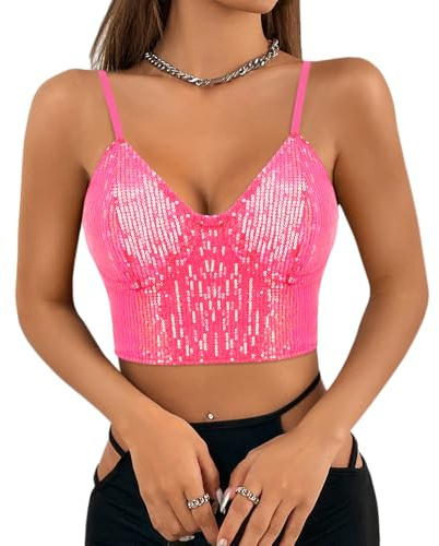 Segreto damer glitter paljetter linne ärmlös spagettiremmar sexig crop top axelbandstopp festival party klubb camisole, Rosa paljetter, XL
