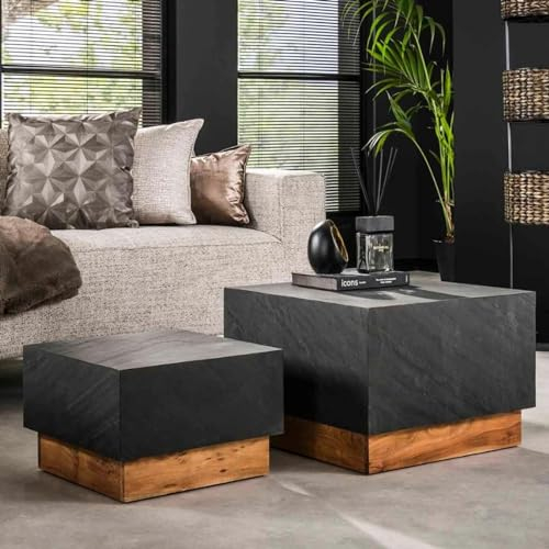 RINGO-Living Sofa Schiefer Couchtisch Industrial Style 2er Set Beistelltische Echtholz, eckiger Couch Tisch Schiefergrau & Natur Dunkel moderner Couchtisch Eckig Massivholz Wohnzimmertisch Satztisch
