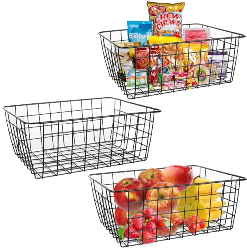 LOSYHU Lot de 3 paniers de rangement en fil métallique noir avec poignée pour garde-manger, congélateur, armoires de cuisine, maison, bureau, salle de bain