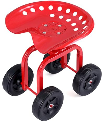 TANGZON Garden Scooter Cart, Rolling Garden Stool Cart with 360° Swivel Height Adjustable Seat & Tires, 150KG Capacity Heavy Duty Gardening Work Seat (Red + Black)