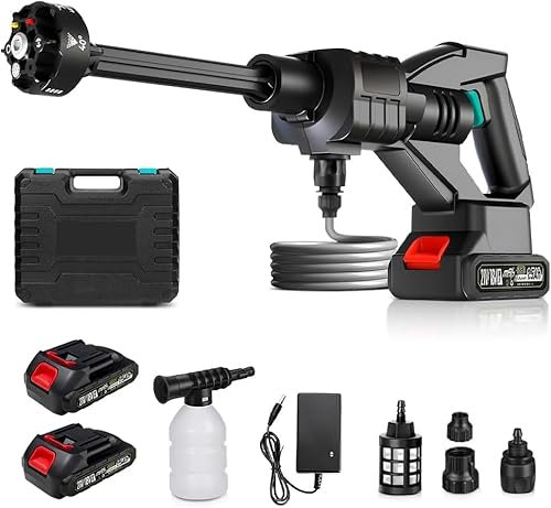 Nettoyeur haute pression sans fil 21 V max 60 bar avec 2 batteries, Manguera de 5 m, Boquilla réglable 6 en 1, portable, pour voiture, terrasse, fenêtre, piscine