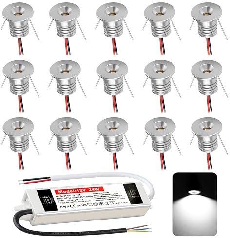 Einbaustrahler LED 1W, mini led Spot,led einbaustrahler 12V Lochmaß 15-18mm,Deckenspots IP65 Einbauspots Kaltweiß,Led spot für Carport Badezimmer Küche,mit 230V Trafo,15er set (Silber Kaltweiß 6000k)