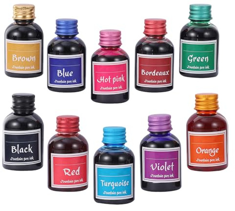 VILLFUL Non-Carbon Quick-Dry Fountain Pen Ink 10-Color Dye-Based Bottles for Calligraphy and Drawing, Anti-Clogging Writing Ink Set Suitable for Fountain and Dip Pens