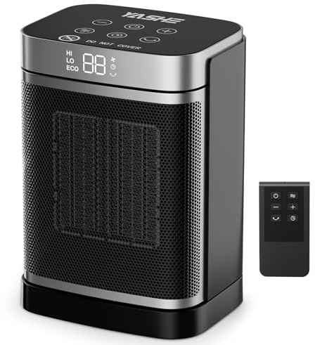YASHE Calentador Eléctrico PTC de 1500 W con ventilador y ahorro de energía, oscilación de 70°, termostato, control remoto, protección contra sobrecalentamiento y vuelco, temporizador de 1 a 24 h