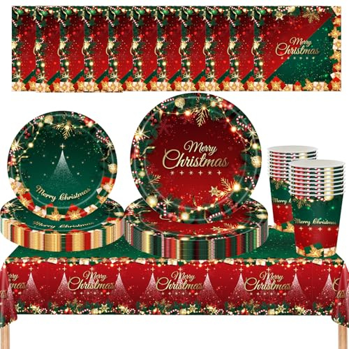 MOMAHUA 69 Piece Christmas Paper Tableware Set for 16 Guests Complete Festive Red&Green Xmas Table Decor with Plates,Cups,Napkins&Tablecloth Holiday Dinner Party Essentials for Family Gatherings