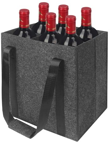 ACOMTUO Sac à Bouteilles 6 Compartiments, Sac Bouteille avec Poignées, Réutilisable Porte Bouteille, Sac Porte-Bouteille de Vin Portable, pour Vin et Champagne, 27cm x 18cm x 27cm - Noir (6 Cases)