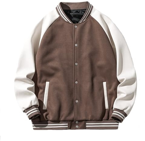 Generisch Veste d'hiver pour homme Veste Blouson Sweat-shirt pour homme à col rond Coupe ample Veste à capuche de style veste de baseball à la mode, café, L