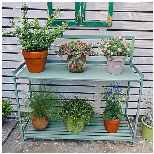 Banco da Giardinaggio per Esterni, Tavolo da Giardinaggio in Metallo per Patio con ripiano Aperto a 2 Livelli, Tavolo da Lavoro da Giardino per piantare 126,5x45x115,5 cm,Verde