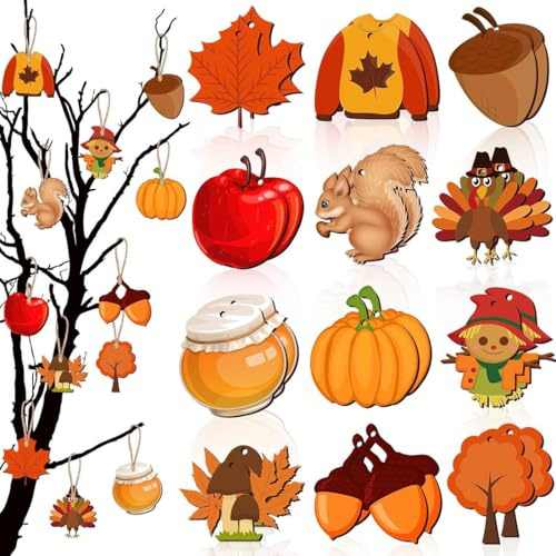 YUVKIN 24 Pezzi Decorazioni Autunnali in Legno da Appendere, Addobbi per Finestre e Ornamenti in Legno per Thanksgiving (Colorato)