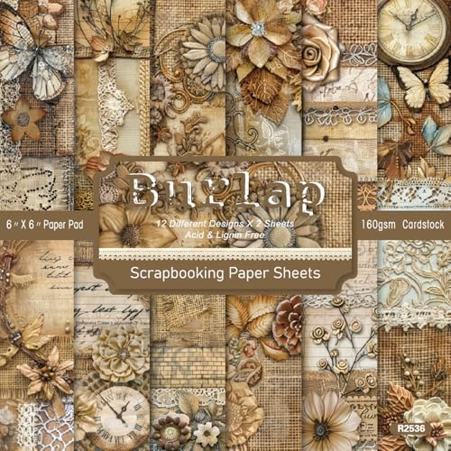 DiiWmme 24 Sheets Floral Scrapbook Paper，6x6 Inch Vintage Patterned Craft Paper for Scrapbooking, Decoupage, Card Making, DIY Journaling and Photo Albums (Butterfly)