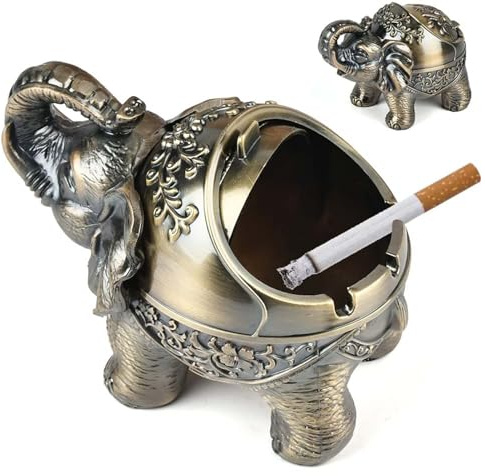Dekorativ elefantaskkopp med lock, vintage vindruta, cigarett och cigarraska hållare för rökare, för inomhus- och utomhusbruk.