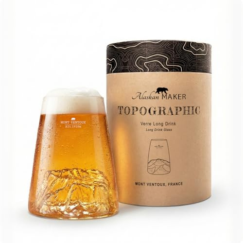Alaskan MAKER Vetro lungo 450 ml – Borosilicato di alta qualità soffiato artigianalmente con montagne in rilievo | Cocktail, birra o soft Topographic (Mont Ventoux)