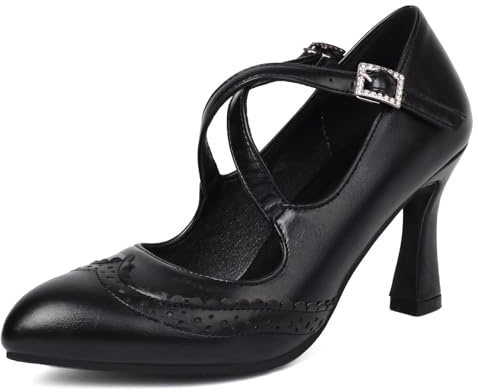 Eestfy Tacchi Mary Jane Stile Brogue Vintage Donna Punta a Punta Cinturino Incrociato Fibbia con Strass Eleganti Scarpe con Tacco da Sera Abbigliamento da Lavoro da Ufficio,Nero,35 EU