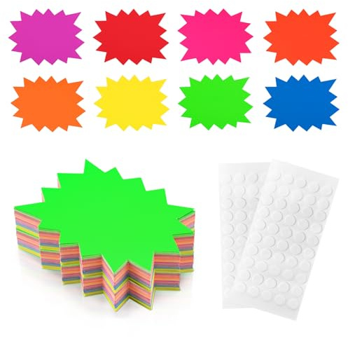 jijAcraft 80 etiquetas de precio con forma de estrella, 13 x 17 cm, grandes carteles de acción para escribir, 8 colores con 100 puntos adhesivos para promociones de descuento, escaparates y comercio