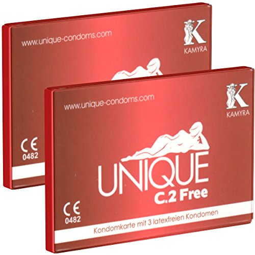 KAMYRA Unique C.2 FREE Condom Card, rot- latexfreie Kondome, mit flacher Basis ohne Ring - auch mit ölhaltigen Gleitmitteln verwendbar - DOPPELPACK - 2 x 3 Stück