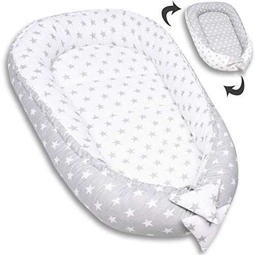 PaLulli nido bambino nido 50x90 cm bozzolo, 2 lati, 100% cotone, nido per lettino, nido per coccole, cuscino, lettino da viaggio per neonati e bambini (stella E)