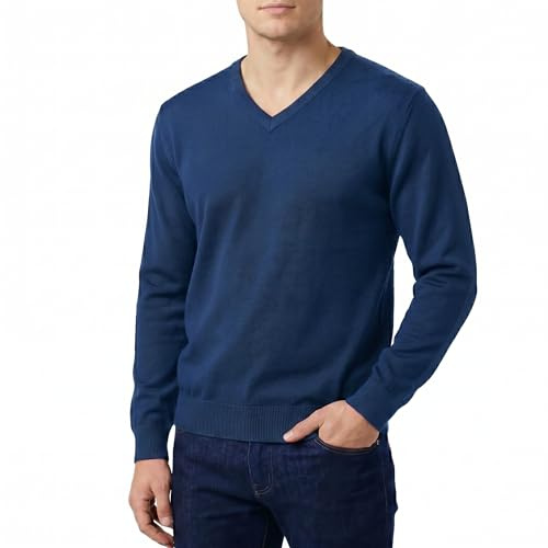 Castle Point Men’s 100% Cotton Knitted Jumper Lightweight V-Neck Pullover Sweater Classic Everyday Casual Knitwear (Denim, XL)