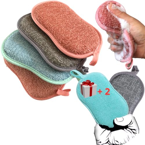 Kit 6 Eponges Microfibres Lavables Reutilisables Vaisselle 4+2 offertes- Antibacteriennes Double Face-Magique Grattante Brosse -Menage Cuisine Salle De Bain-Accessoire Multiusage Nettoyage