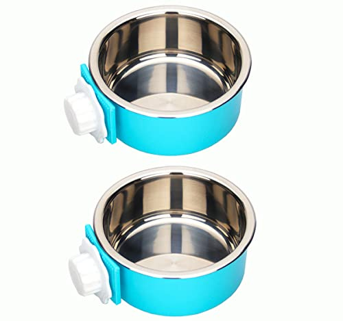 KuTi Kai 2 IN 1 Stainless Steel Pet Hanging Bowl Removable Dog Bowl for Crates Puppy Food Feeder Water Dish with Bolt Holder Dog (Blue-Small-2Packs)