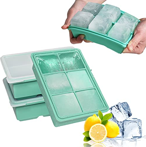 LessMo 3 Stück XXL Eiswürfelform, 18-Fach Silikon-Eiswürfelschale mit Deckel, Große Eiswürfel 4,8cm, Stapelbar und Spülmaschinenfest Silikon-Eiswürfel, BPA-Frei für Bier Cocktails Whisky