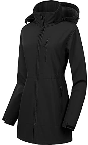 CREATMO US Women's Classic Windproof Fall Softshell Jacket Water Resistant Windbreaker Adventure Long Shell Black 3XL