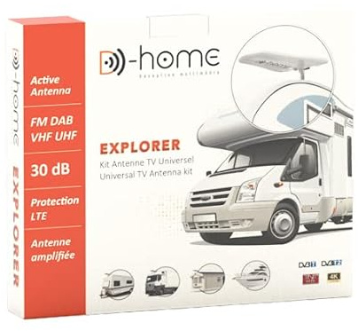 D-Home - Explorer - Antenna TV per caravan, con amplificatore da 20 dB. Antenna TV Caravan e veicoli per il tempo libero. Installazione semplice/chiavi in mano - Alimentazione 12 o 24 V DC o AC 230