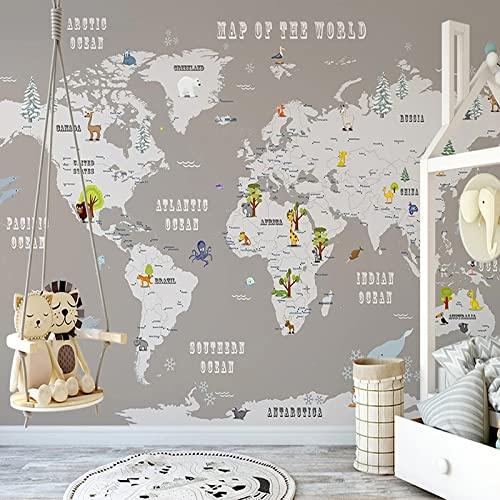 Mural Papel pintado no tejido para niños Habitación 3D Dibujos animados Animal Mapa del mundo Niños Niños Niña no tejido Pared Pintado Papel tapiz 3D Decoración dormitorio sala sofá mural-350cm×256cm