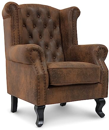 Brown Chesterfield Wingback Arm Chair in Faux Suede – Classic Queen Anne Design Fireside Chair for Living Room or Elderly Comfort, Stylish Wingback Armchair, Brown Leather Look Accent Seat