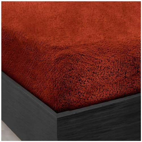 GC GAVENO CAVAILIA Teddy Bear Double Fitted sheet | Fleece Thermal Warm Plain Soft Cuddly Fluffy Fitted Bed Sheets Double | Burnt Orange