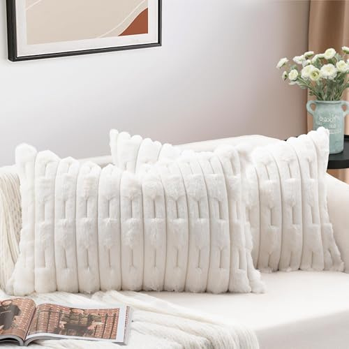 ZWJD 2er Set Creme Kissenbezug 40x60 Kunstpelz Plüsch Kissenbezüge Weiche Kissenhülle Flauschig Dekokissen Moderne Kissen Deko für Wohnzimmer Sofa Schlafzimmer Auto Dekor Sofakissen 40 x 60cm