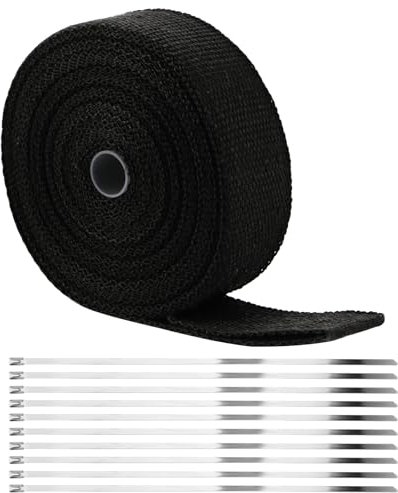 FAAING 15m x 50mm Hitzeschutzband Basaltfaser, Schwarz Hitzeschutzband Auspuff mit 10 Edelstahl Kabelbinder, Fiberglas Auspuffband für Motorrad Fächerkrümmer Krümmerband Thermoband