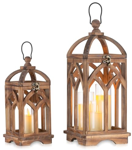 Laterne Holz Groß Landhausstil Deko - Romadedi 30/40cm Rustikale Landhaus Kerzen Laterne Braun, Windlicht Vintage für Weihnachten Balkon Garten Hochzeit Tischdeko Innen, Set of 2