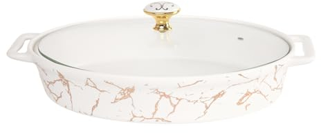 jinsongdafa Porcelain Oval Casserole Baking Dish with Glass Lid,1300 ML Serving Soup Tureen,Chafing Dish for Buffet, food preserve Tray, Catering Casserole for Party Style