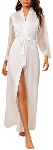 ROSVAJFY Womens Long Satin Kimono Robes Lady Sexy Silk Dressing Gown Mesh Sleeve Polka Dot Bathrobe Nightdress Oblique V-Neck Bridal Robe Bridesmaid Soft Loose Sleep Lounge Nightwear White