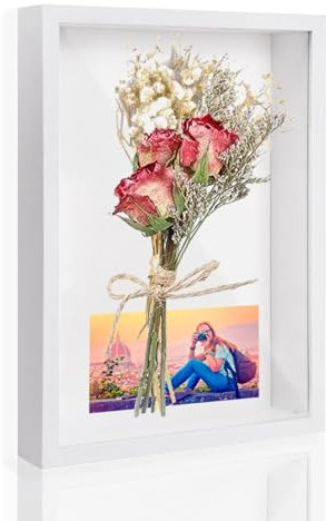 Wintfarm Cadre photo 3D, profond, à remplir, 21 x 29,7 x 3 cm (A4), profond, à remplir, blanc, pour objets, fleurs, bouquet de mariage ou souvenirs