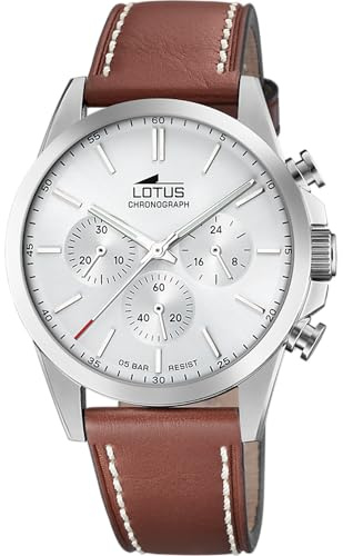 LOTUS Reloj Hombre Analógico de Cuero Marrón - Movimiento de Cuarzo - Cronógrafo - Cristal Mineral de Alta Resistencia - Resistente al Agua 5 ATM Elegante 18990/1 Chrono