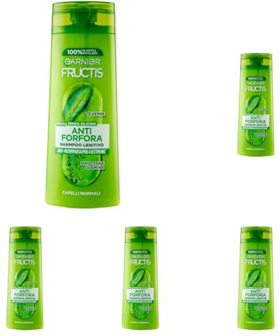 Garnier Fructis Shampoo Lenitivo, Per Capelli Normali, Azione Antiforfora, Con Tè Verde e Piroctone Olamina, 250 ml (Confezione da 5)