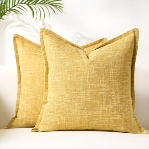 Funda Cojin 40x40, Fundas Cojines Amarillo Mostaza, Fundas de Cojines Moderno Decorativos, Paquete de 2 Funda Cojines Aspecto de Lino, para Decoracion Cojines de Sofa de Salon Dormitorio Jardin