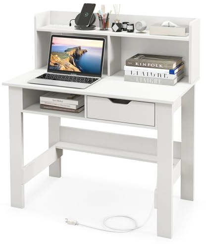 COSTWAY Scrivania Piccola con Libreria, Scrivania Salvaspazio con Prese di Corrente, Porte USB, Tipo C, Cassetto, Ripiano Superiore e Ripiano Aperto, per Casa, Ufficio e Studio (Bianco)