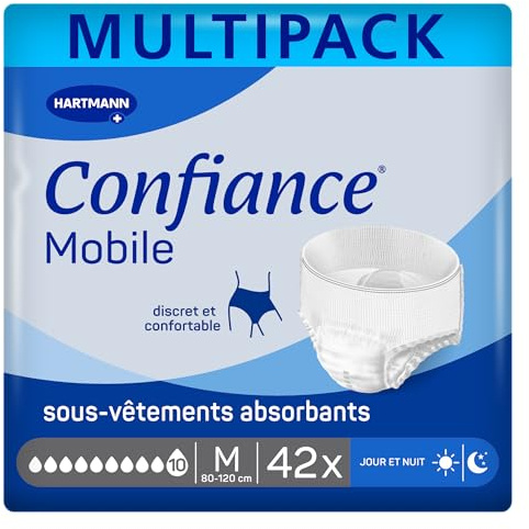 Confiance Mobile - Slips Absorbants pour Hommes et Femmes - Niveau d'Absorption = 10 gouttes (Fuites Urinaires Importantes) - Discrets et efficaces - pH Neutre à la Peau - Taille M - 3x14 Unités