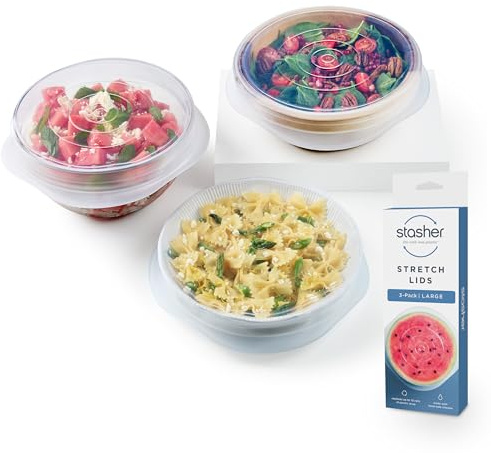 Stasher Premium Reusable Silicone Stretch Lids, Clear, 3pk of 9” Lids, Airtight Seal, Food Container Covers, BPA Free, Leak-free, Dishwasher Safe, Microwave Safe, Eco-Friendly
