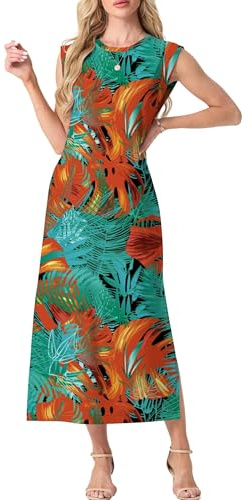GRECERELLE Womens Summer Maxi Long Dress Casual Flower Sleeveless Crew Neck Split Hem Shift Dresses with Pocket for Ladies UK (Green Tan Palm Leaf, XL)