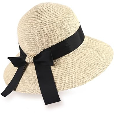 FUIPVGI Femmes Chapeaux de Soleil, Chapeau de Paille Solaire pour Femme à Large Bord, Chapeau d'été Chapeau de Plage Pliable Roll-Up Floppy, Anti-UV Chapeau Paille pour Voyage Vacances Pêche (Beige)