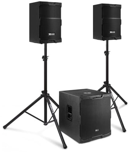 Power Dynamics Sistema de Sonido Profesional – 1700W, Altavoces Activos 400W, Subwoofer 900W, Incluye Trípodes y Cables, Entradas para Micrófono, Expansión de Sonido, Uso en DJ, Bandas y Eventos
