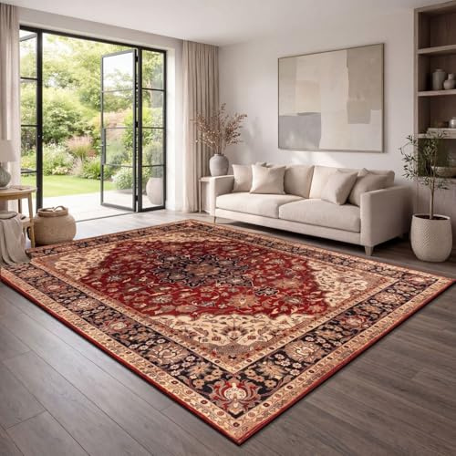 TT Home Vintage Matta Vardagsrum Klassisk Kort Lugg Halkfri Slitstark Mjuk Lattskott Orientalisk Retro Matsal Tvättbar, Färg:Röd-Beige, Storlek:200x280 cm